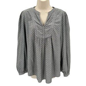 Loft Womens Gray Polka Dot Puffed Long Sleeve Cotton Smocked  Blouse Size L